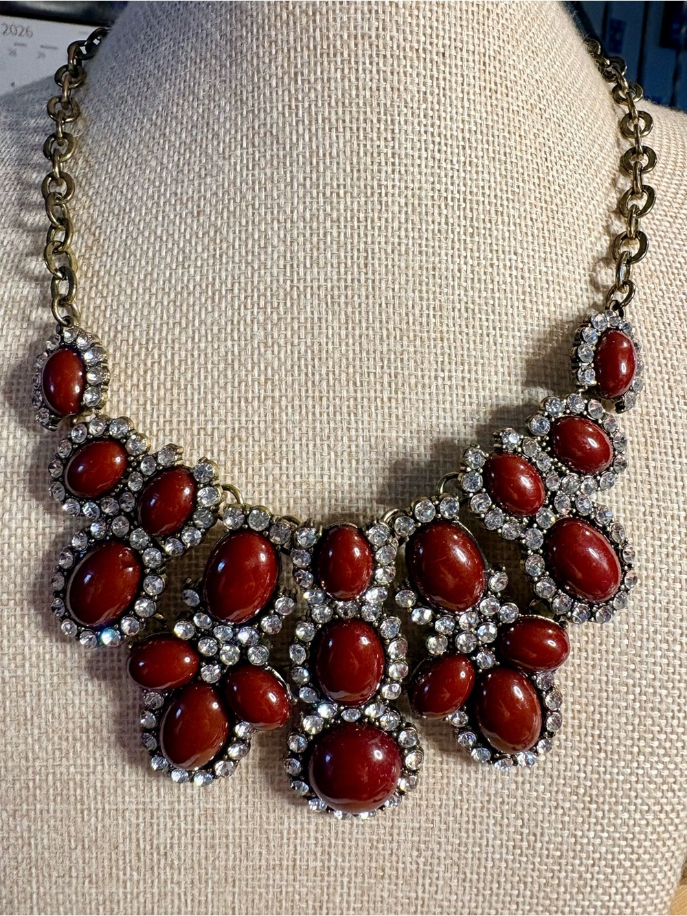 Dark red lucite and glass rhinestone necklace